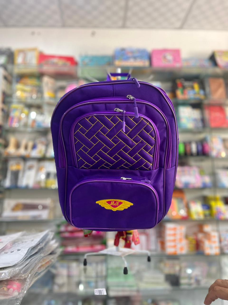 Regal Purple School Backpack with Gold Geometric Lattice Stitching