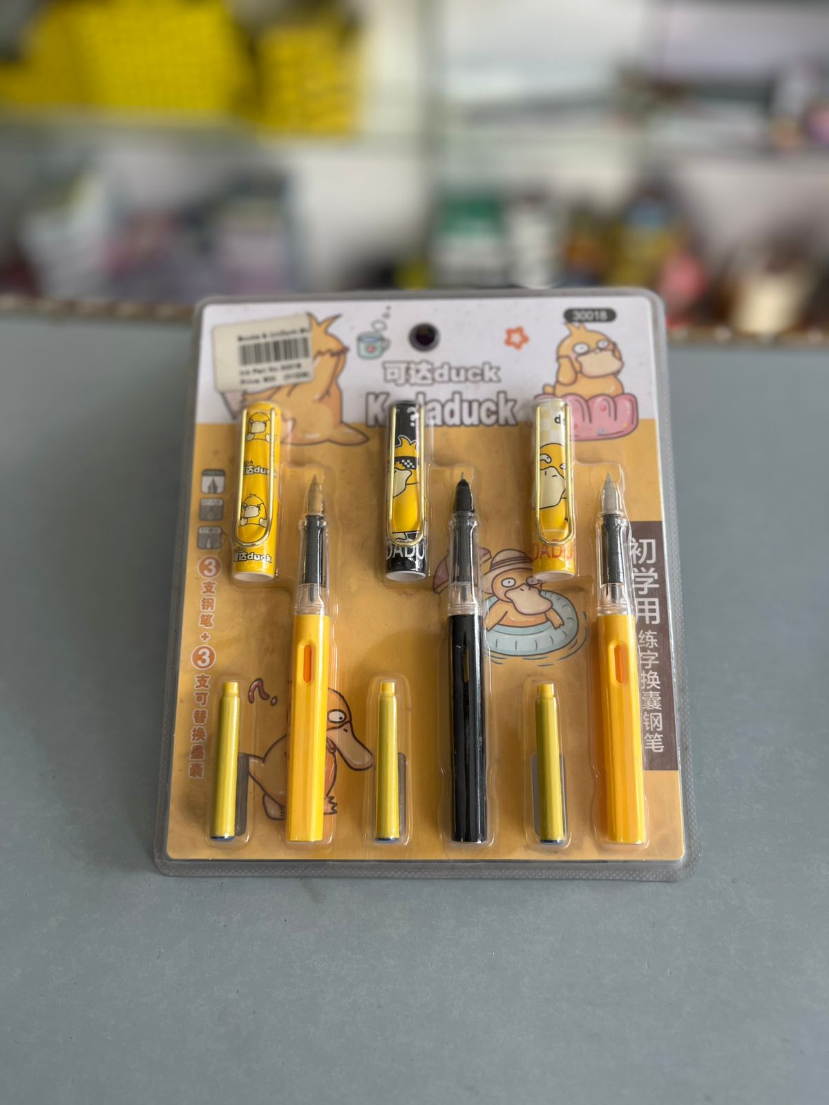 Cute Psyduck Anime Fountain Pen Set for Kids (3 Pens + 3 Refills Pack)