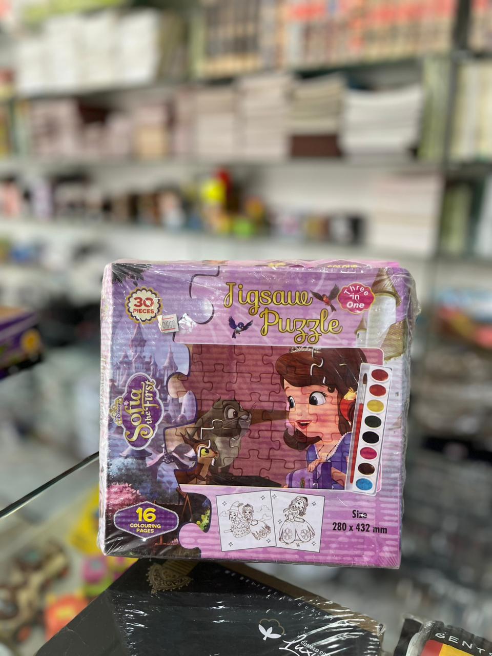 3-in-1 Kids Character Jigsaw Puzzle Set with Water Colours & Colouring Pages (30 Pieces)