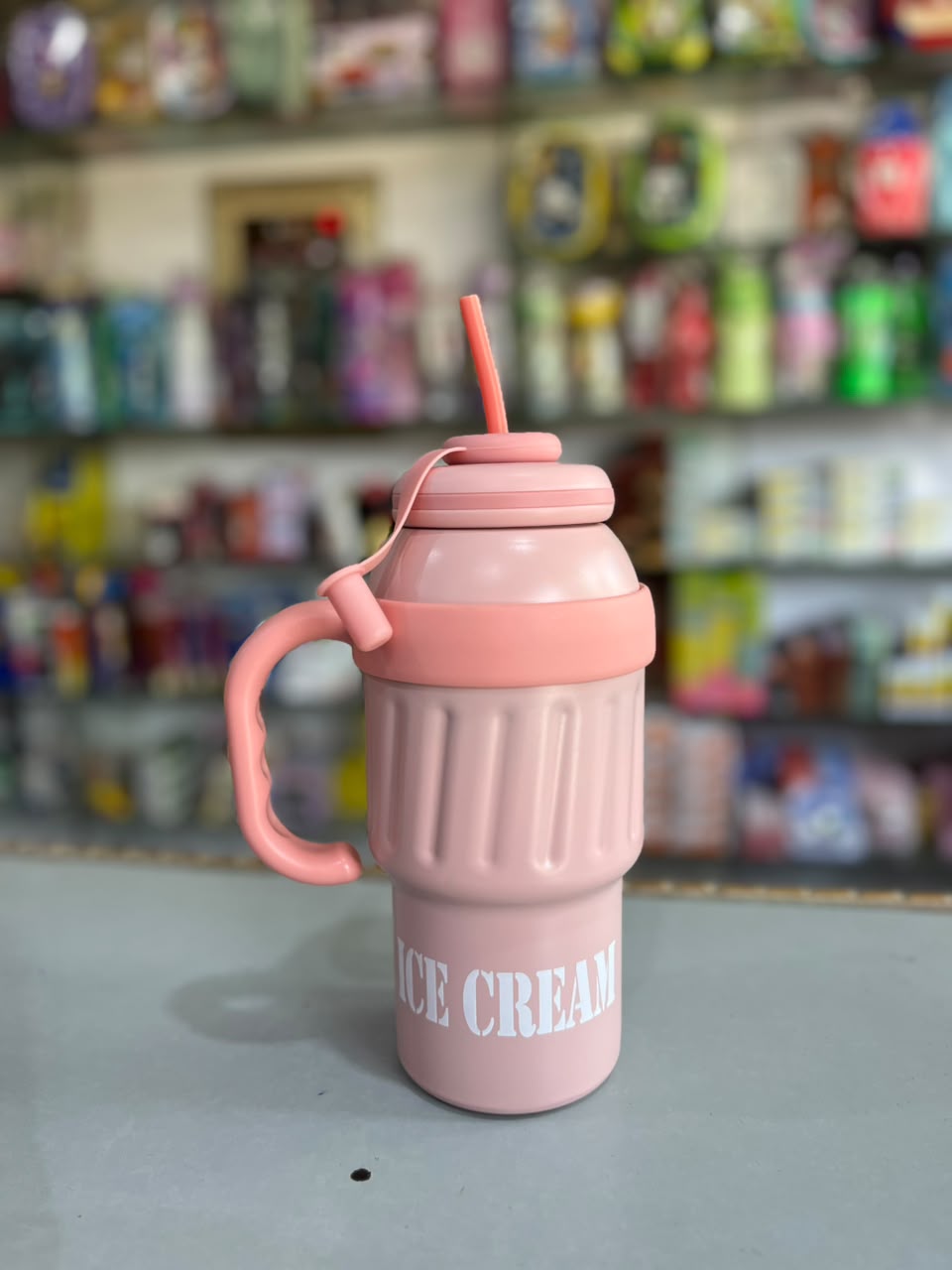 "Ice Cream" Insulated Stainless Steel Tumbler Cup with Handle & Straw Cap