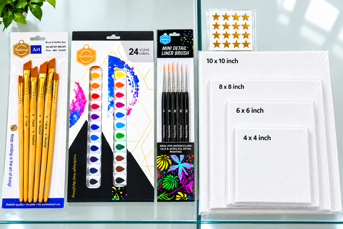 Complete Acyrlic Paint Kit.24 Colors*12ml, Flat and Mini Detail Brush, 4 Canvas Set.
